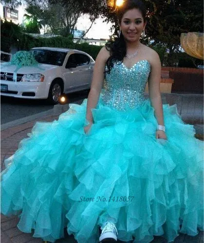 Vestidos de quinceañera turquesa de 15 años, Vestidos de Quinceañera de 16 años, Vestidos baratos de quinceañera con volantes y cristales de talla grande 2017