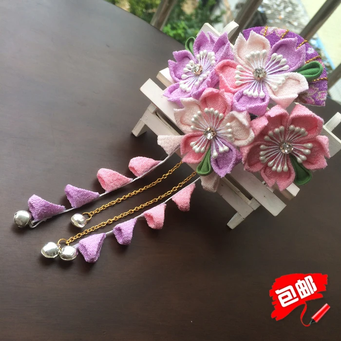 Handmade and wind hair accessories DIY cherry hairpins bells tassels side clips Hanfu kimono tiara Japanese style flower tiara