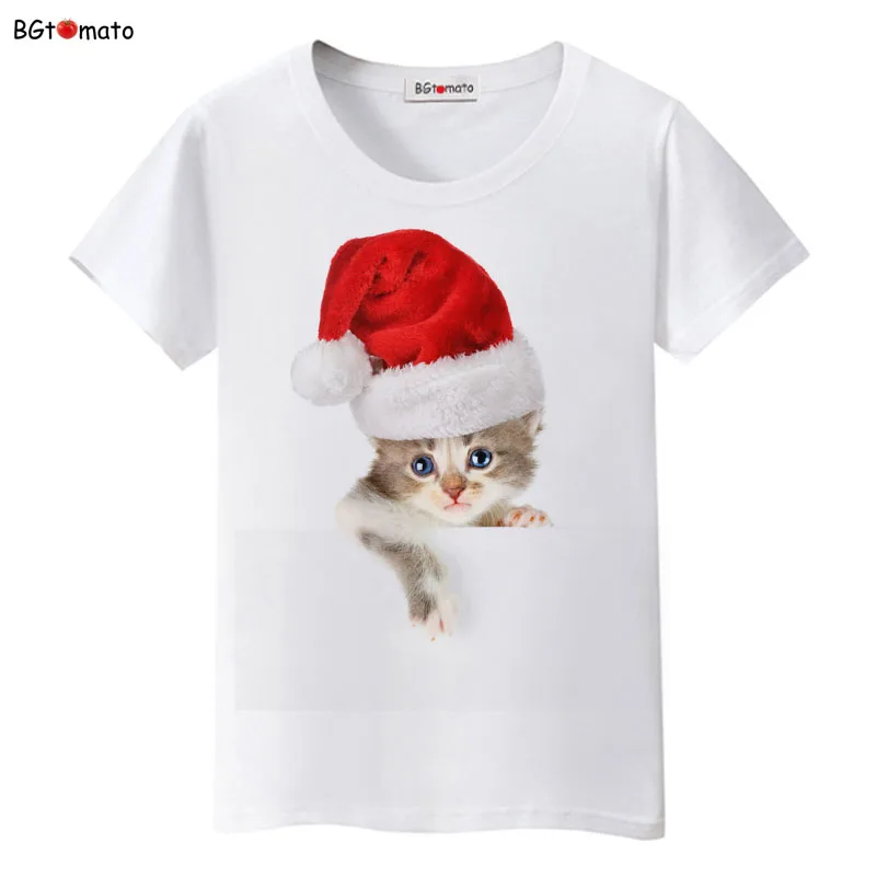 Christmas hat little kitten T-shirt women lovely pets summer new Shirts Good quality brand casual Tops Tees