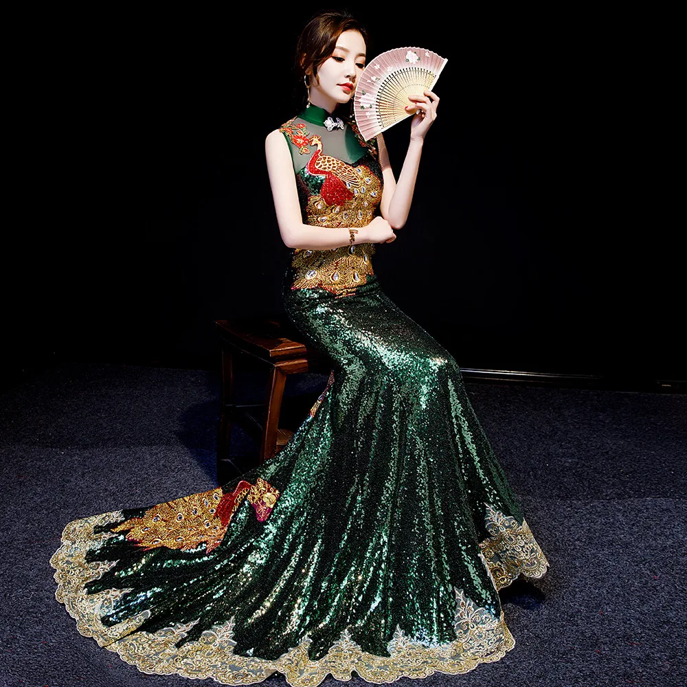 

Green Embroidery Diamonds Oriental Evening Dress Women Elegant Tailing Satin Chinese Cheongsam Wedding Robe Chinoise Femme