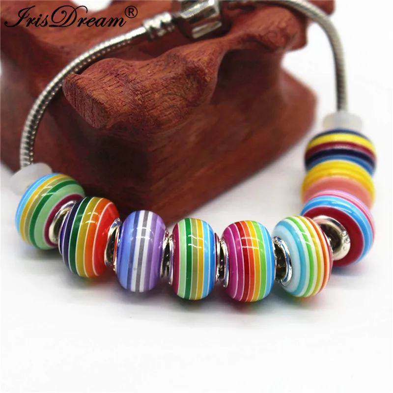 10 szt/lot hurtowych partii luzem kolor tęczy duży otwór biżuteria koraliki Spacer Murano Charms Fit Pandora bransoletka bransoletka łańcuch DIY