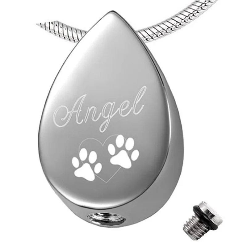 CMJ8029  Beautiful Angel Heart &Paw Printed Tardrop Urn Pendant Necklace Stainless Steel Memorial  Urn Necklace for Ashes