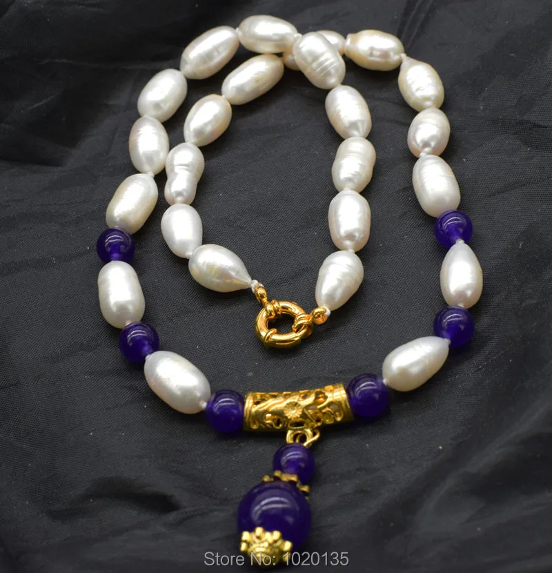 

wow! freshwater pearl white rice 12-14mm and purple jade pendant necklace 18" FPPJ wholesale for woman gift