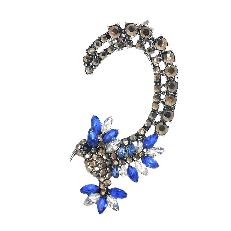 Eexaggerated Black Metal Colorful Blue Crystal Big Flower Crystal Ear Clip Cuff Earrings For Women Femme Earrings Jewelry Gift