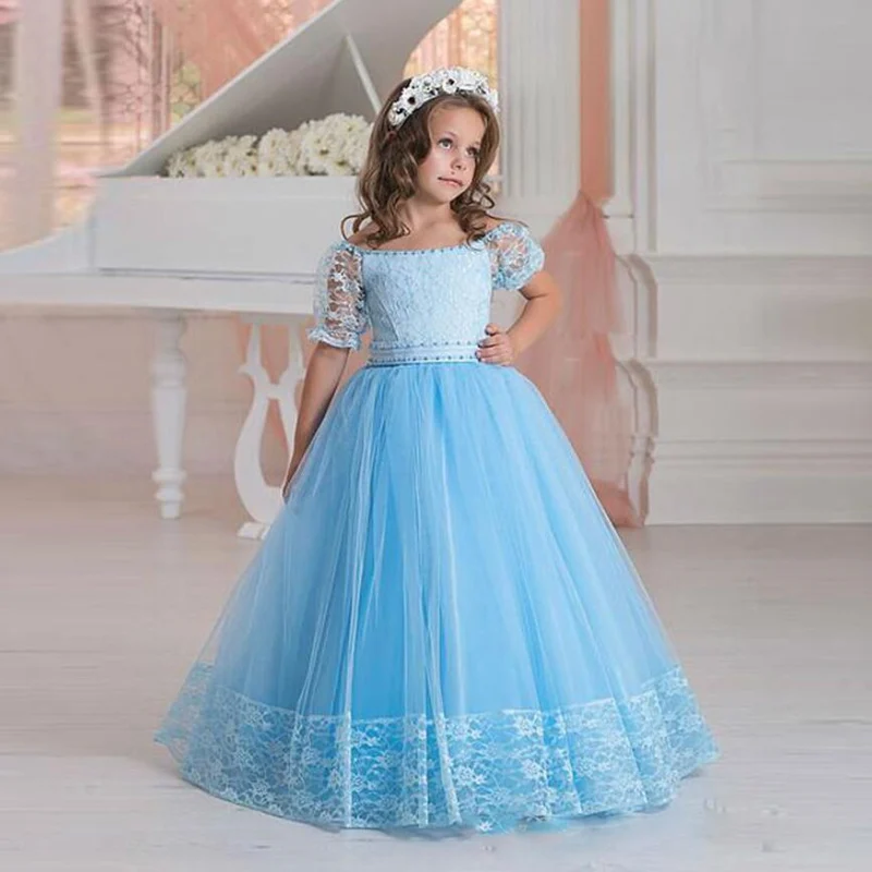 Sky Blue Flower Girl Birthday Banquet Half sleeve Lace Dress Elegant Girl's Wedding First Communion For Girls Pageant Dresses