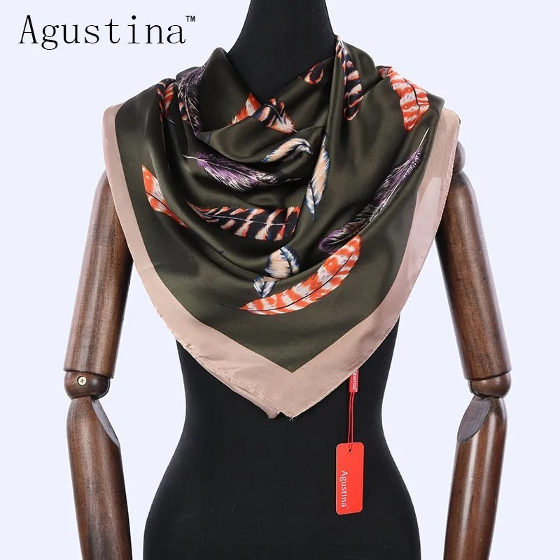 Women square scarf fashion silk feather peacock stoles scarves femme ladies shawl scarfs winter satin designer schal new 90*90