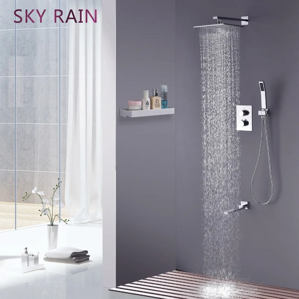 SKY RAIN Rotation Spout Faucet Brass Chrome Plated Thermostatic Shower Set High Pressure Water Saving 10 Inch Shower Head