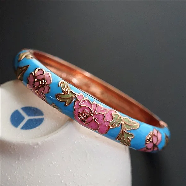 Peony Flower Vintage Chinese Filigree Bracelets Traditional Cloisonne Enamel Ethnic Spring Hinged Cuff Bangles For Women