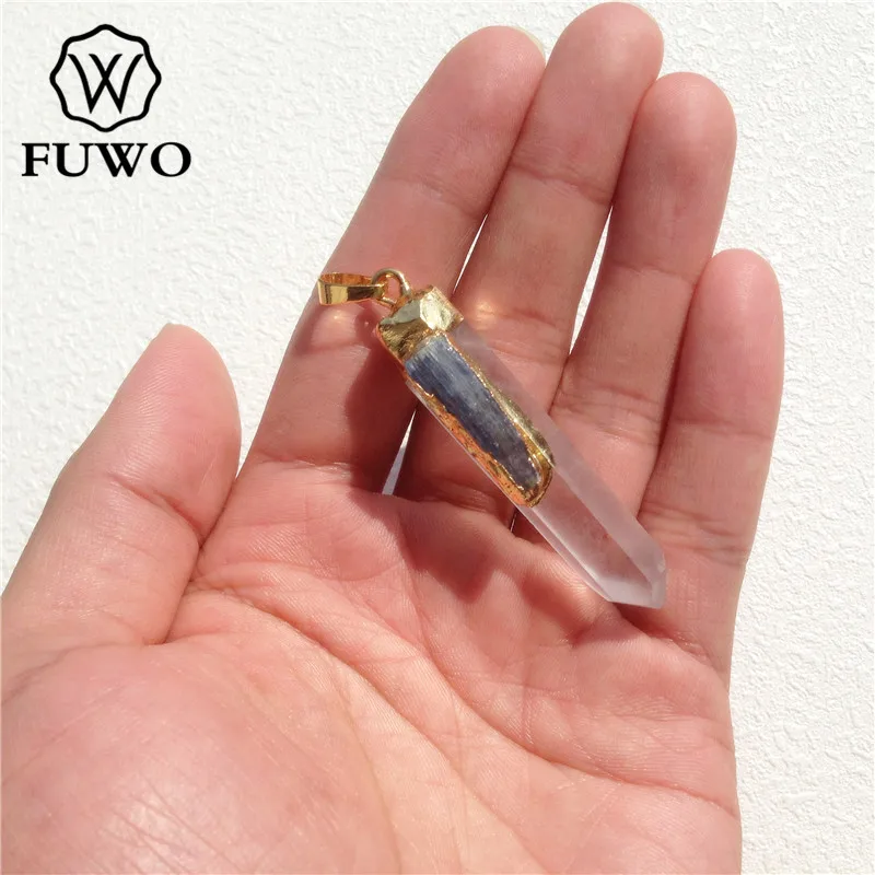 FUWO Wholesale Natural Crystal Quartz Point Pendant With Kyanite Charm,Golden Plated Stone Accessory For Jewelry Make 5Pcs PD038