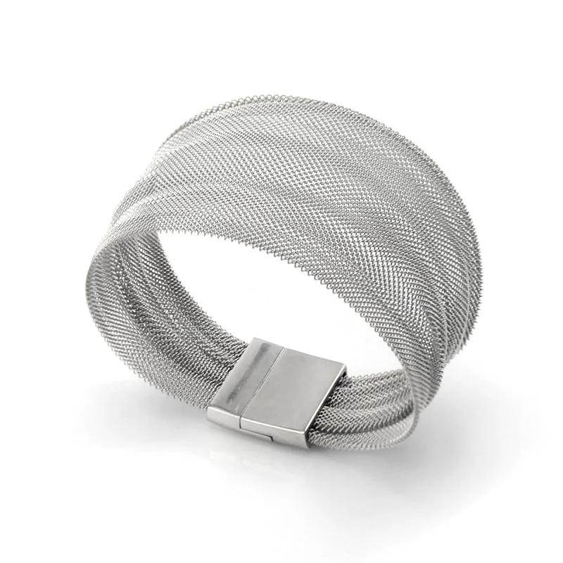 Magnetic Clasp Stainless Steel Wide Mesh Bracelets For Women Jewelry Silver Color 1 Piece