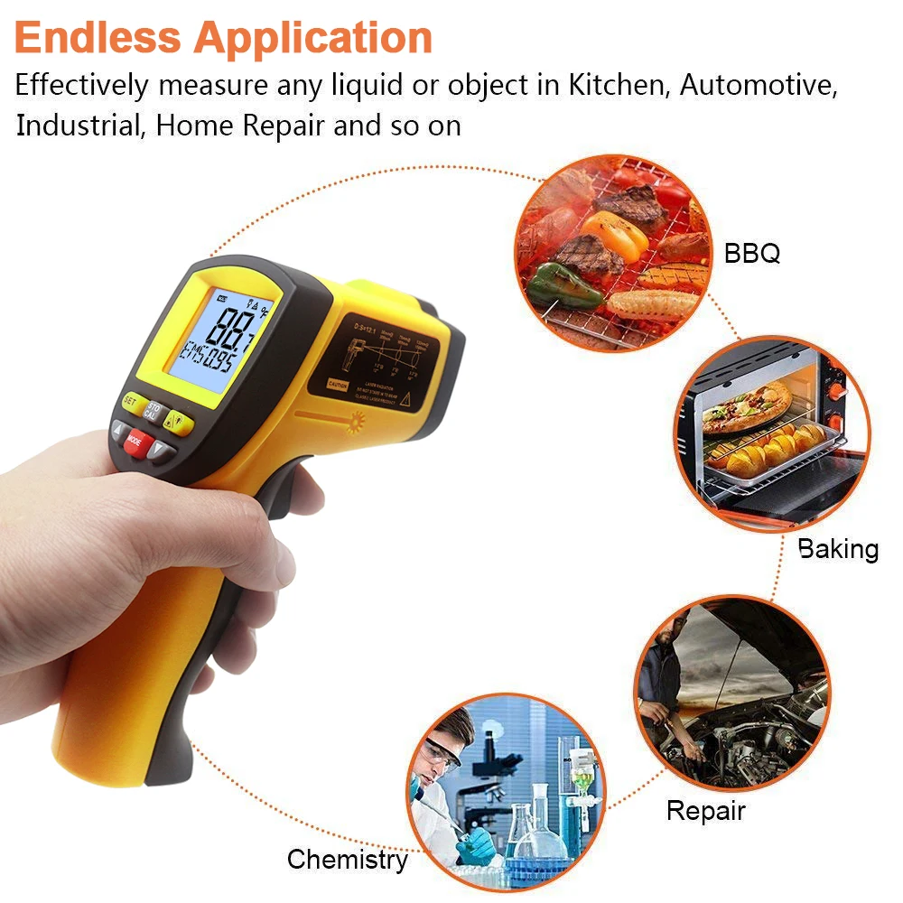 IR Infrared Thermometer Gun Laser Pyrometer 0.1~1 Emissivity Non-Contact Digital Surface Temperature Thermometer 900 degree