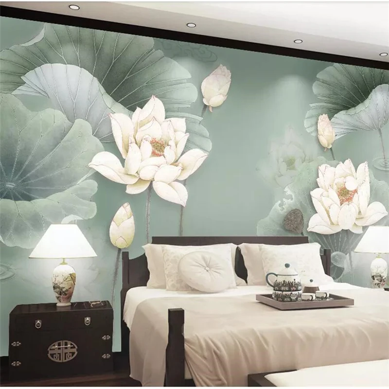 wellyu New Chinese style pen lotus bedroom background wall decoration painting custom large mural wallpaper papel de parede