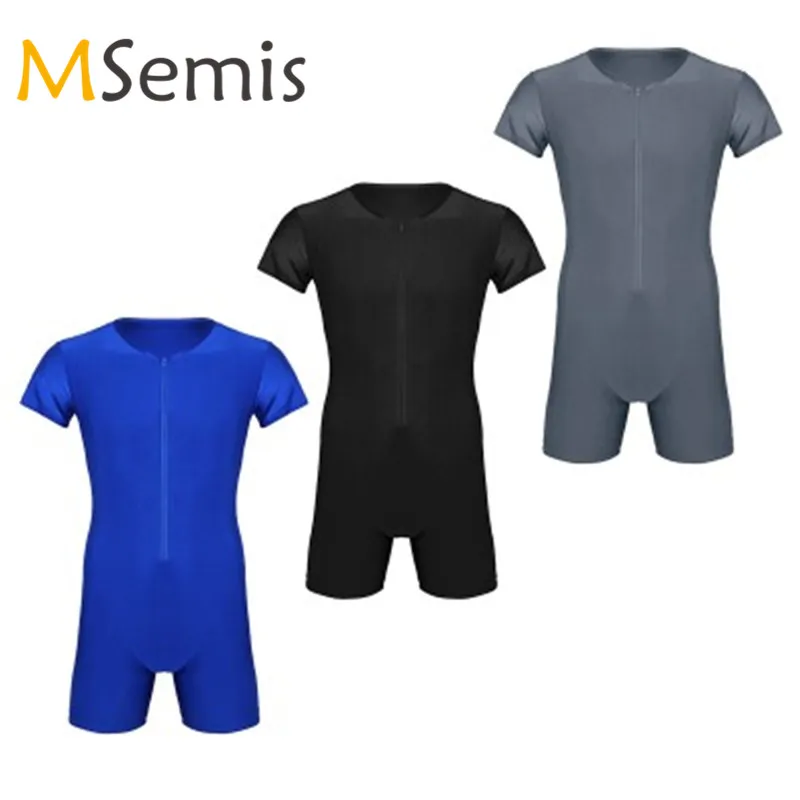

MSemis Mens Wrestling Tights Leotard Bodysuit Bodystocking Ballet Dancewear One-piece Short Sleeve Zipper Soft Bodysuit Jumpsuit