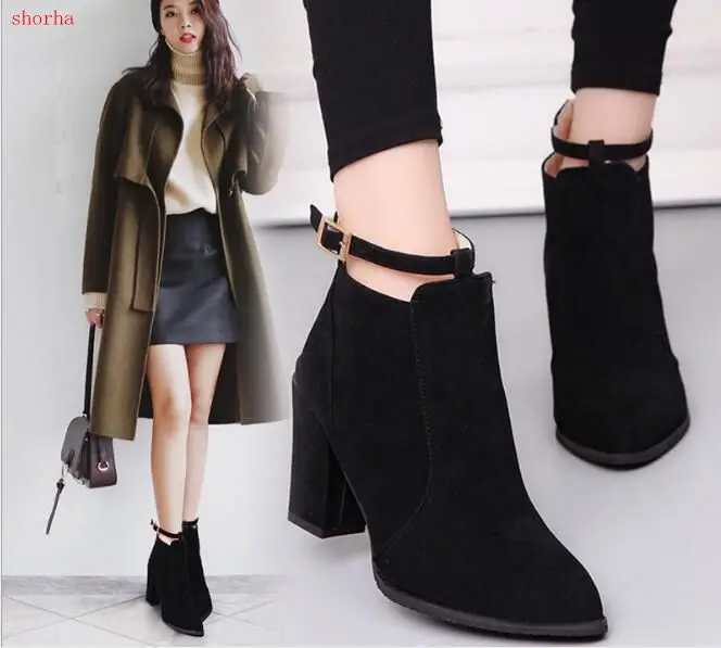 New Women Boots High Heels Ankle Boots Fashion winter Autumn Chunky Heel Ladies Short Boots Shoes Female Khaki Shoes