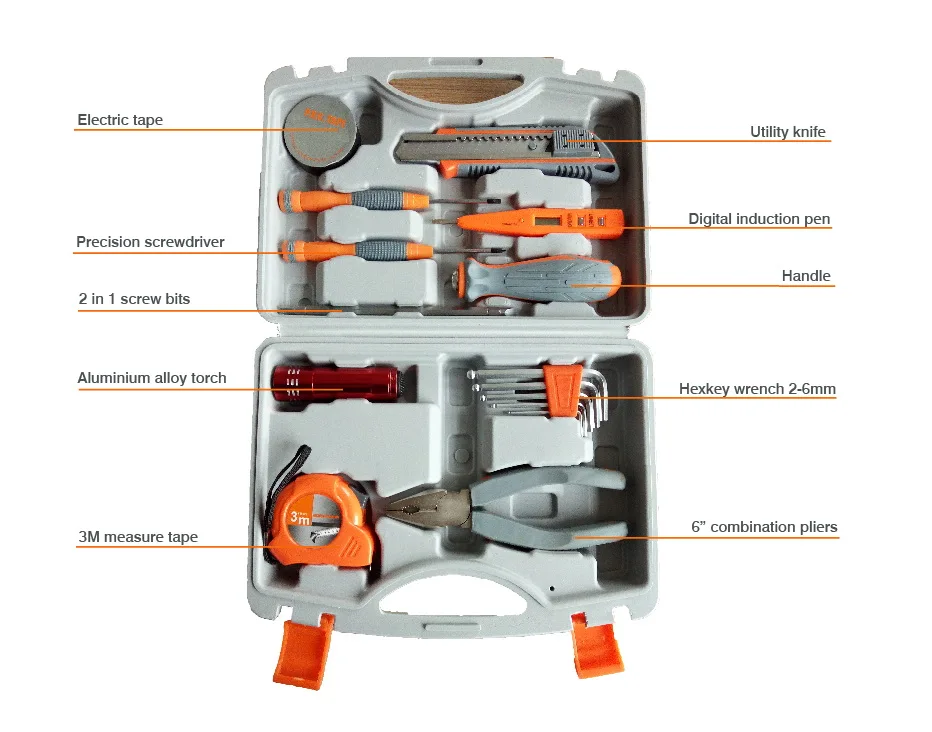 

10pcs/kit home use hand tools set,pvc tape,knife,screwdriver,induction pen,torch,L wrench pliers, measurement tape