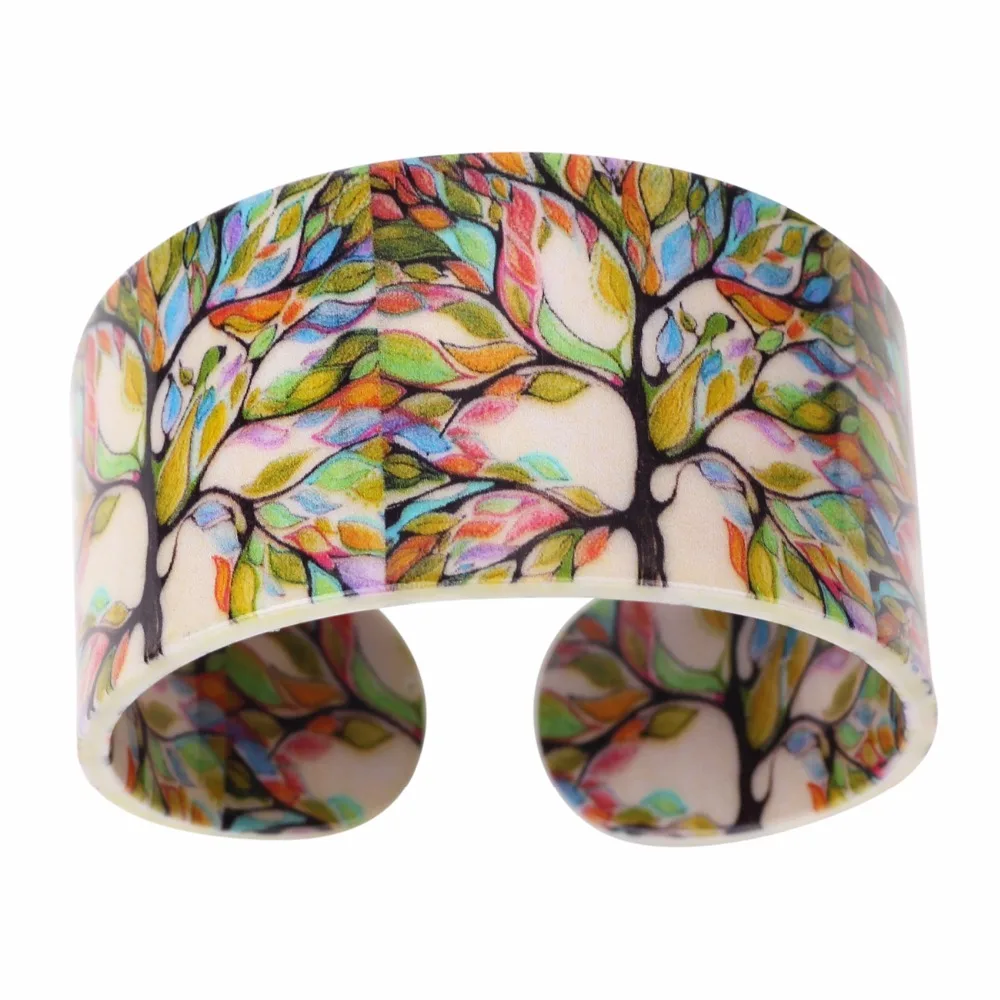 Bonsny Acrylic Colorful Tree Pattern Wide Retro Bracelets Bangles Fashion Jewelry For Women 2017 New Spring Summer Accessories