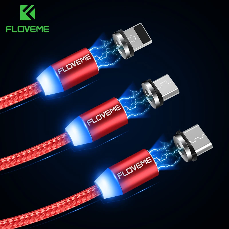 FLOVEME 1M/2M LED Magnetische Kabel, micro USB Kabel Typ C Magnet Ladegerät 2A Geflochtene Telefon Kabel für iPhone Xr Xs X Samsung usb c