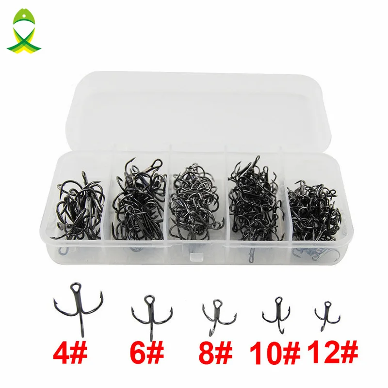 

JSM 150pcs 35647 High Carbon Steel Treble Fishing Hooks Black Hard Lure Round Bent Triple Artificial Lure Fishhooks Set With Box