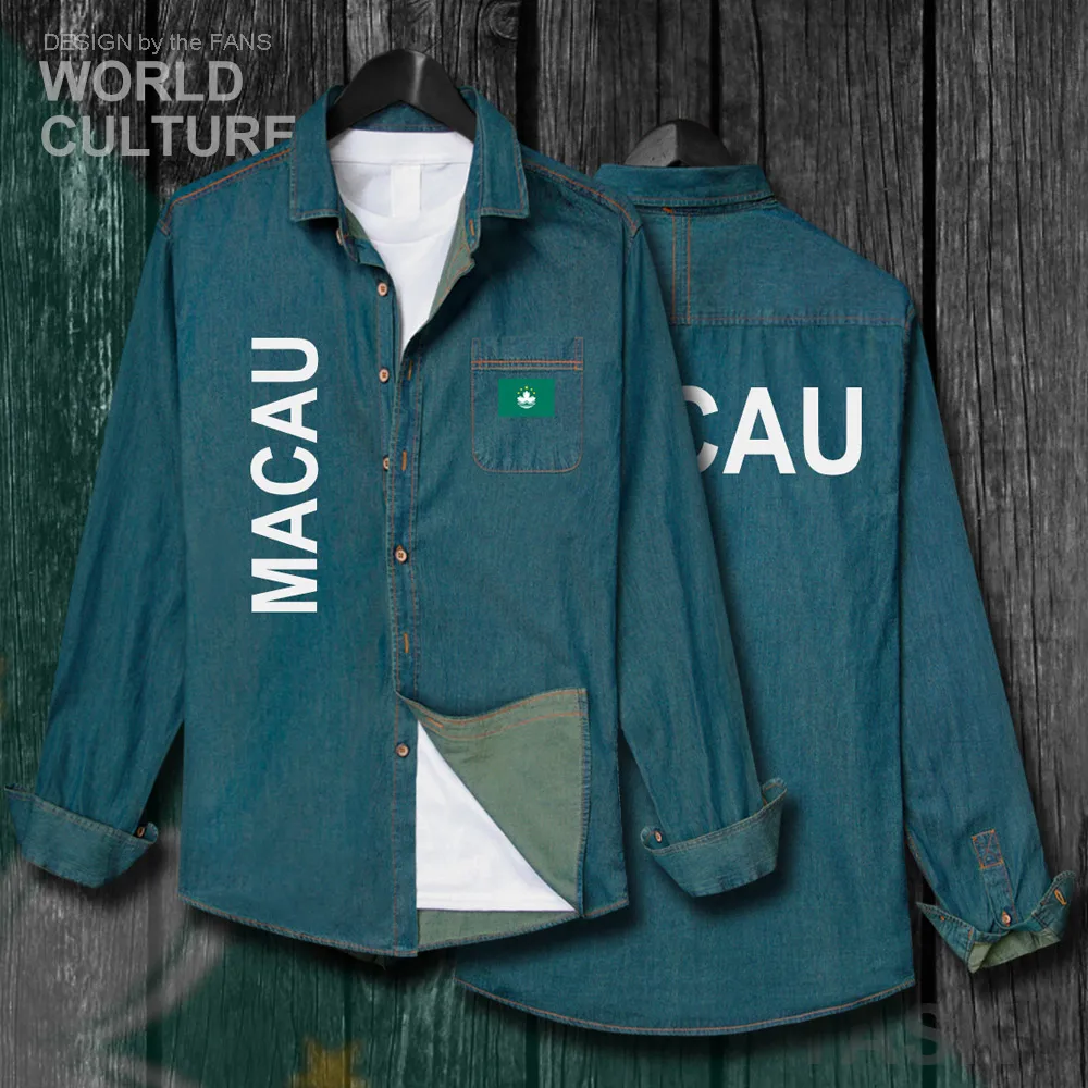 

Macau MAC Macao Macanese China Men Flags Clothes Autumn Cotton Long Sleeve Cowboy Coat Fashion Top Turn-down Collar Jeans Shirt