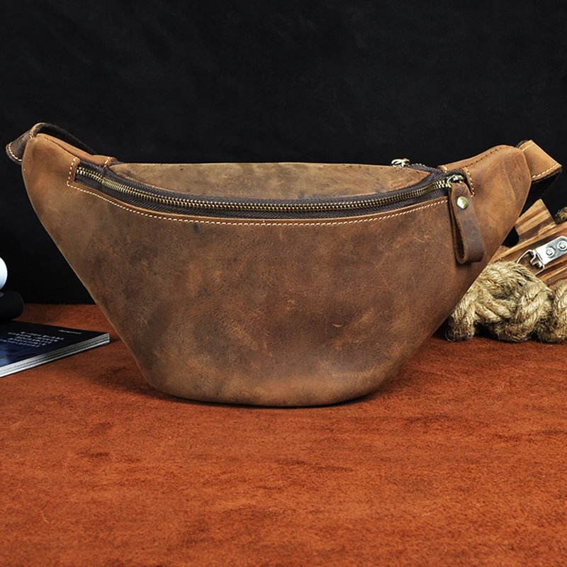 Crazy Horse-riñonera de cuero genuino para hombre, bolso de pecho, cruzado, de piel de vaca, 7"