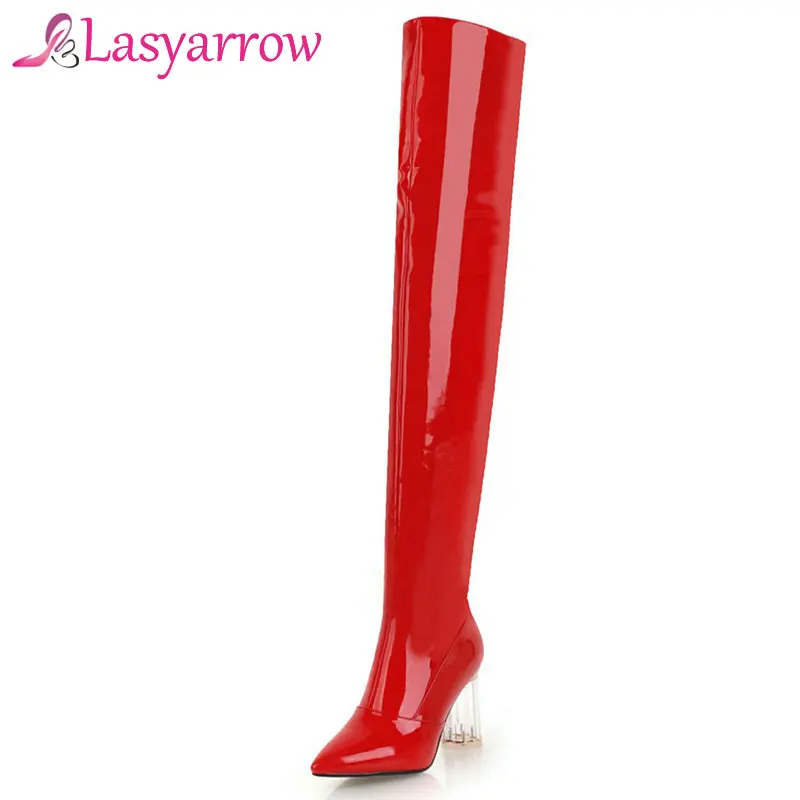 

Lasyarrow Women's Thigh High Boots High Heels Sexy Over the Knee Boots Silver Women Boots Red Black Patent Leather Long Boots