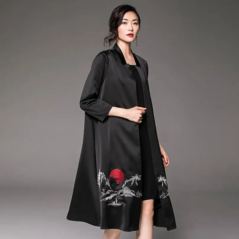 

Silky mesh trench female fashion embroidery windbreaker kimono female oversize vacation silk lace trench outerwear wq1455