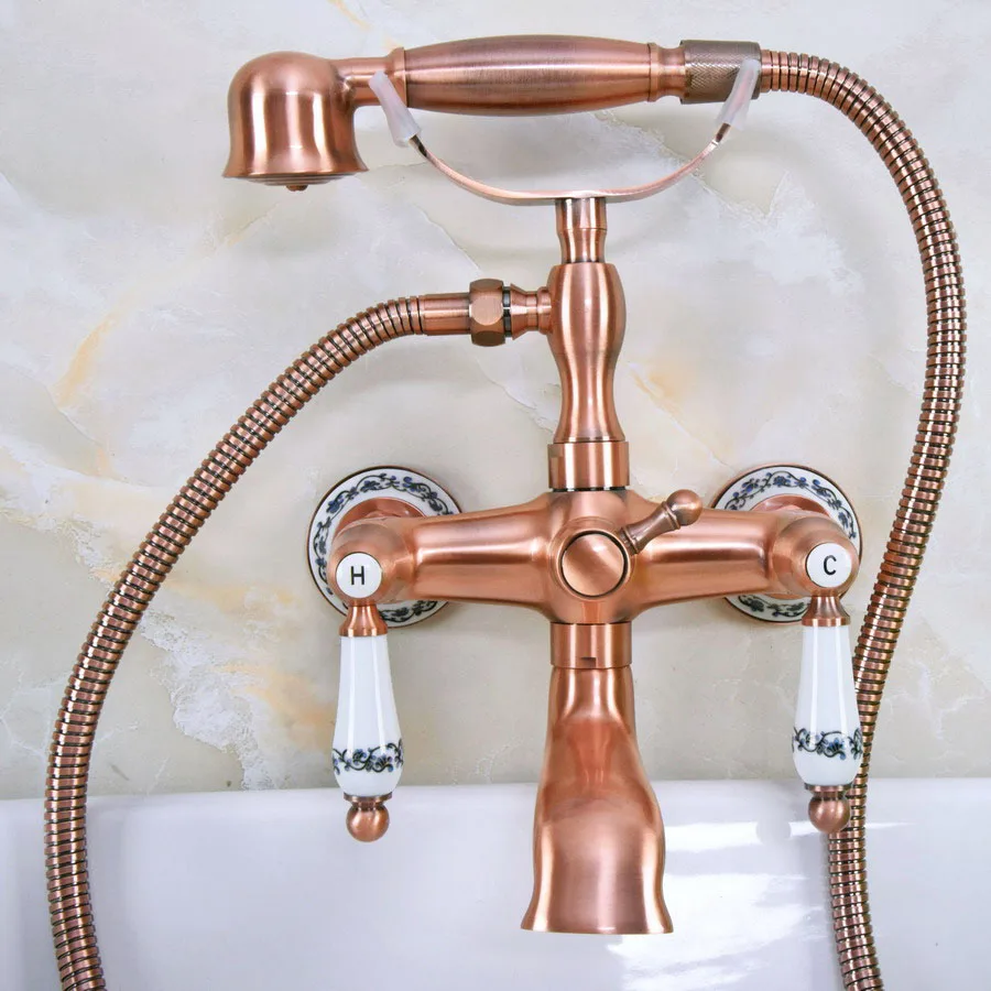 

Antique Red Copper Brass Wall Mounted Bathroom Clawfoot Tub Faucet Mixer Tap Telephone Shower Head Dual Ceramic Handles ana331