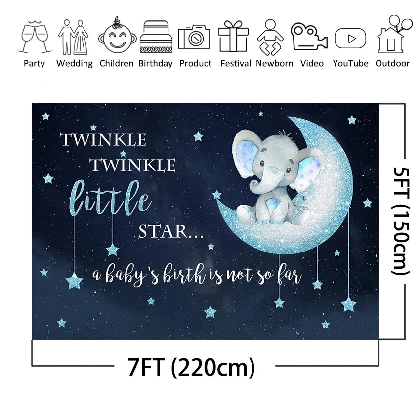 Fondo con diseño de elefante para niños, con diseño de telón de fondo estrella centelleante para Baby Shower, fotografía de fondo de elefante azul para fiesta de bienvenida de bebé