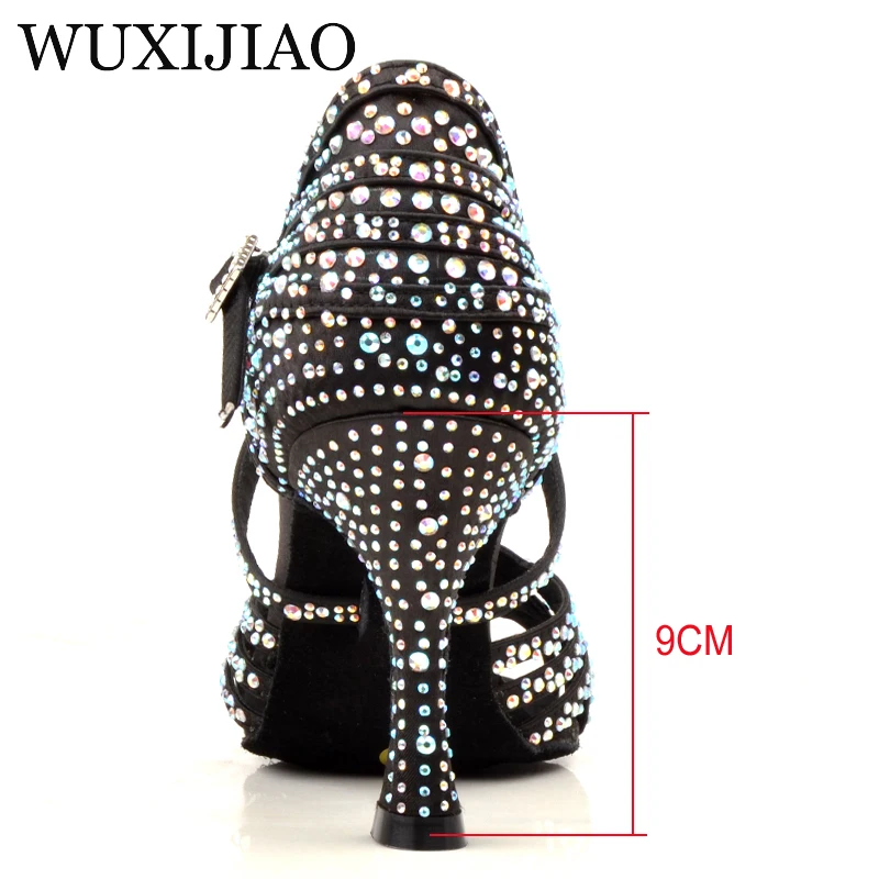 WUXIJIAO Women Salsa party Ballroom shoes Latin dance shoes big small rhinestone shining Skin Black satin  Cuba heel 9cm