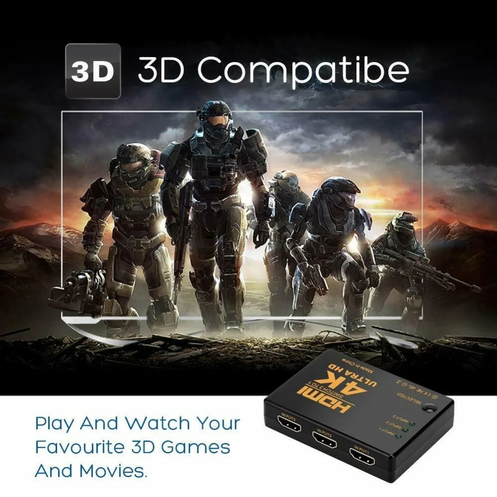 3 Port UHD 3D 4 K 1080 P HDMI Splitter Switch Selector Switcher Hub IR Remote HDTV