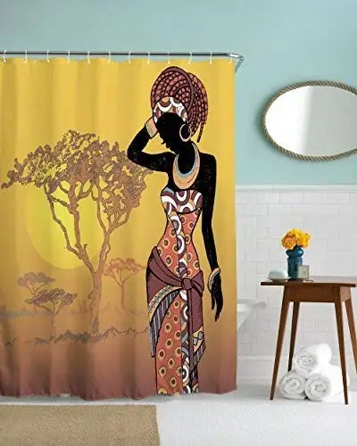 African Woman Shower Curtain Sunset Tree Water Repellent Fabric Bath Curtains Brown Black