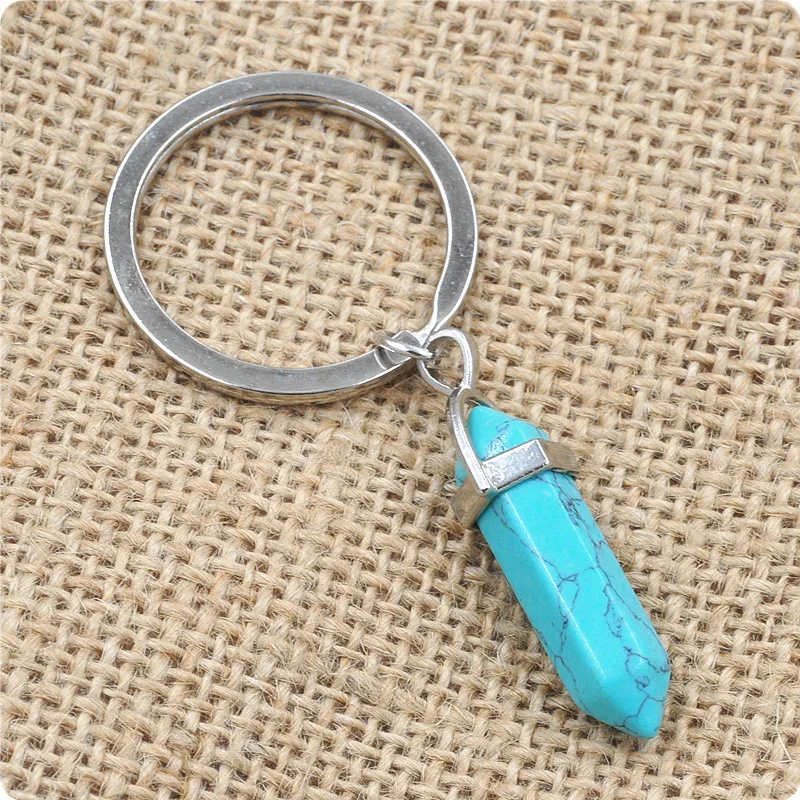 Hexagonal Column Natural Stone Amethyst Keychain For Women Rose Quartz Stone Key Rings On Bag Car Jewelry Party Friends Gift