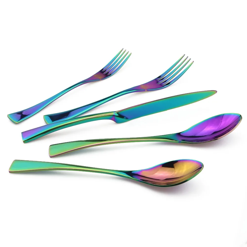 JANKNG 1-Pieces Rainbow Dinnerware Set Colorful Mirror Tableware Set Stainless Steel Western Cutlery Set Kitchen Accessories