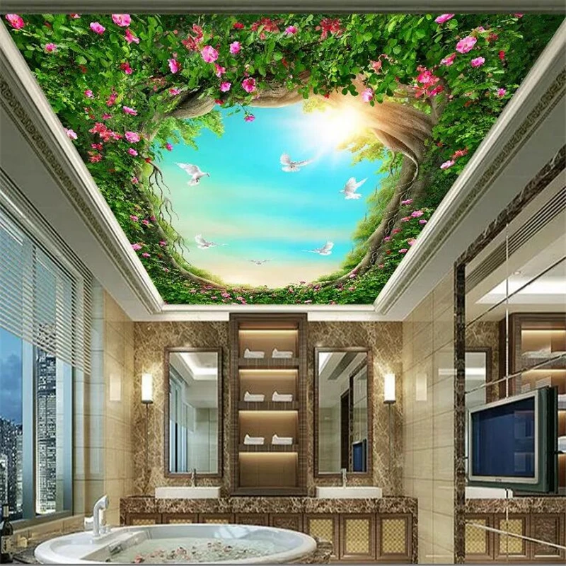 wellyu ceiling wallpaper Customized large wallpaper murals 3d fantasy forest fairy white dove flower vine ceiling zenith mural