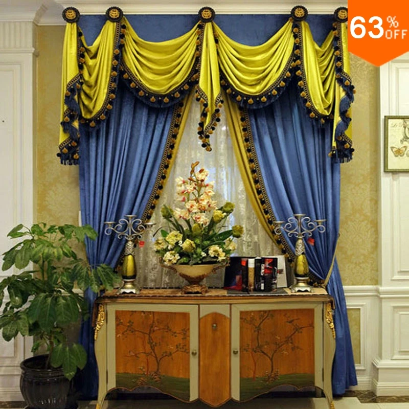 

Green Blue Luxurious Rod Stick curtains for living room curtain pompom Valance kant Restaurant sheer curtains Blackout curtain