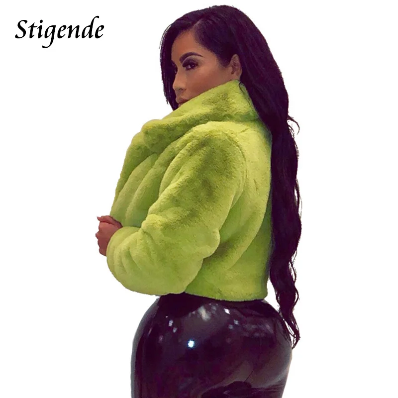 Stigende Women Sexy Fur Fake Fluffy Crop Coat Long Sleeve Warm Faux Fur Club Coat and Jackets Casual Turn Down Collar Party Coat