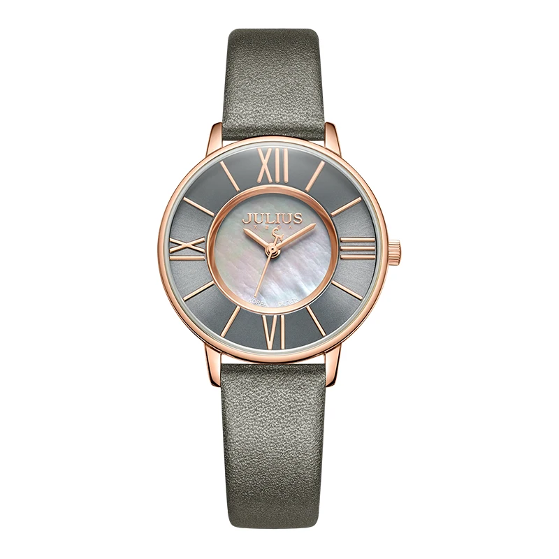 Julius Watch Women Thin Leather Wristwatch Shell dial Clock Gray RoseGold 30M Waterproof Japan Quartz Movt Stainless back JA-961