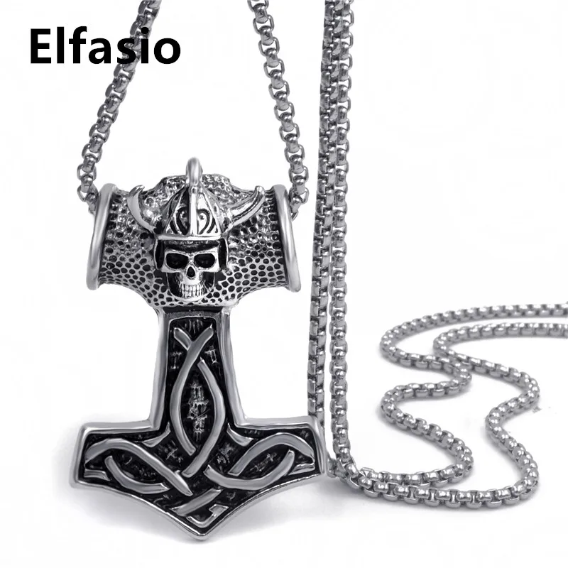 

Mens Boys Pewter Pendant Necklace Silver Myth Thor's Hammer Norse Magick Mjolnir Skull Stainless steel Chain P294