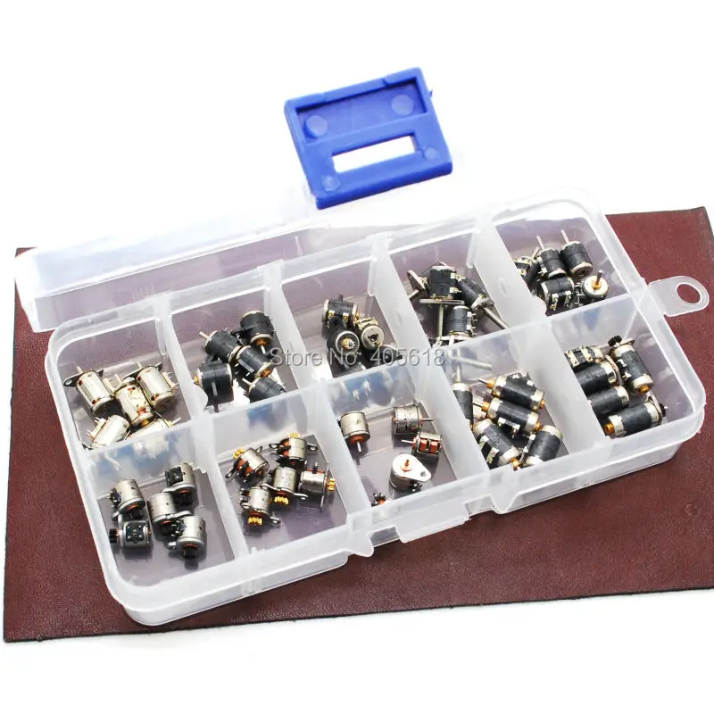 Great quantity 50pcs 4 Wire 2 Phase micro stepper motor Miniature stepper motor 10 Types 5pcs each with Plastic Tool Box