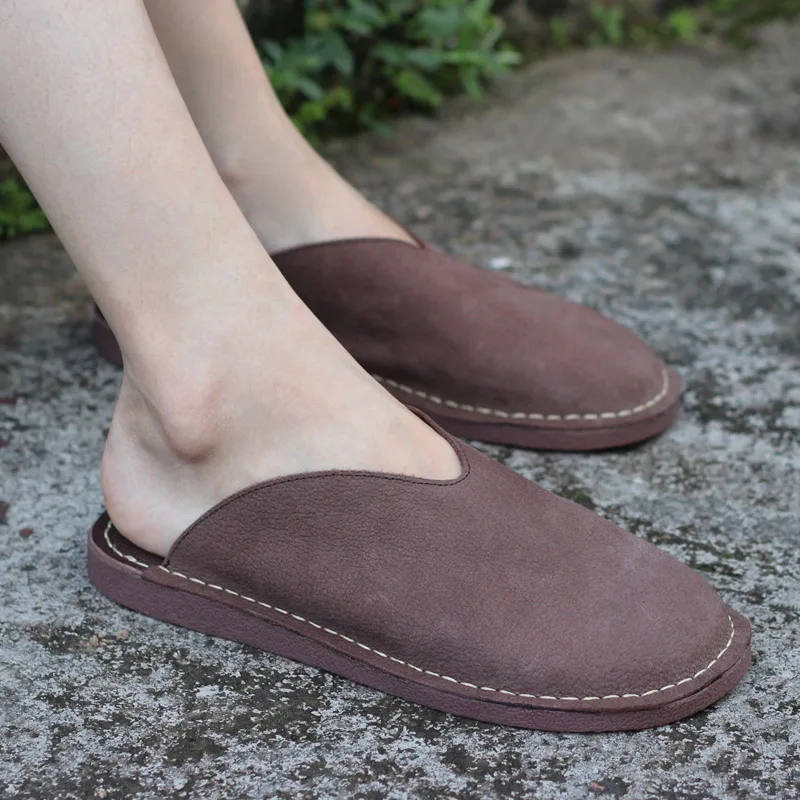 Careaymade-Head Layer Cowskin Slipper Sandals Women Flat-soled Shoes Women's Retro Literary Semi-slipper Handmade Shoes