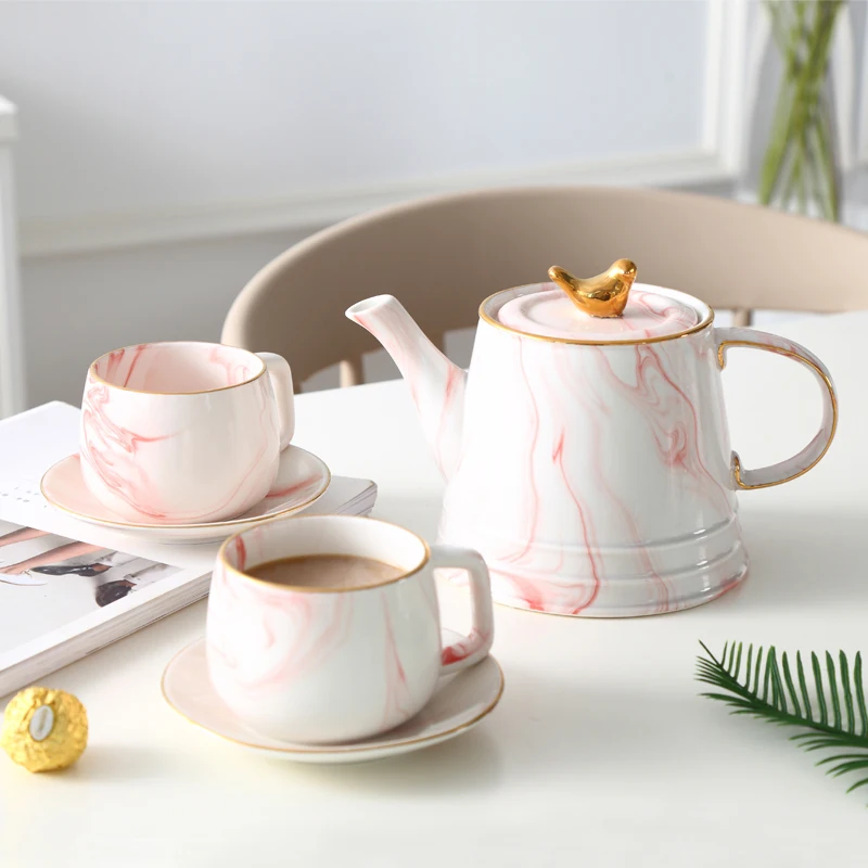 Nordic Ceramics Teapot Cup Set, Marbling Drinkware, Coffee Cup and Saucer, Gold Handle, Kettle Tray, Afternoon Tea Cup Kit, 1Pc