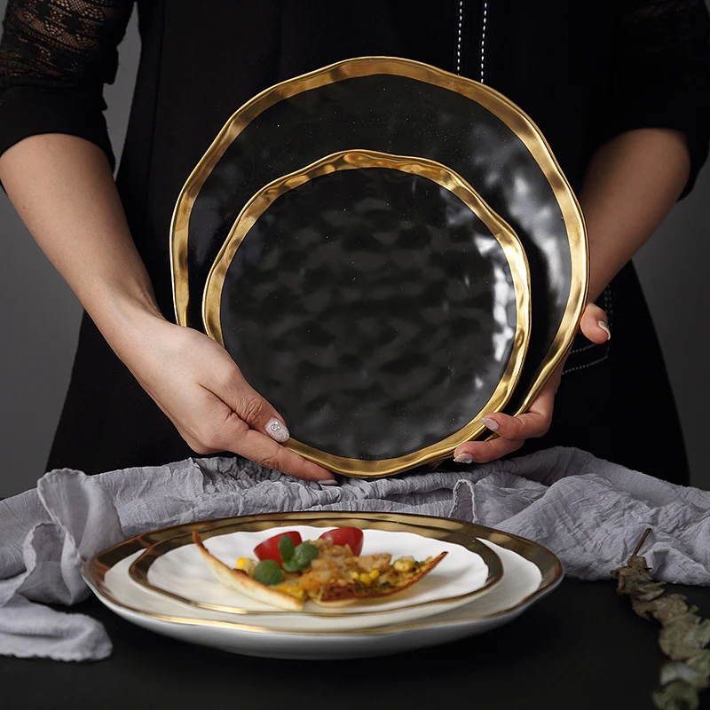 8/10 Inch Minimalist Dinner Plate Black White Ceramic Serving Plate with Gold-edge Pasta Steak Dishes Party Big Round Plate