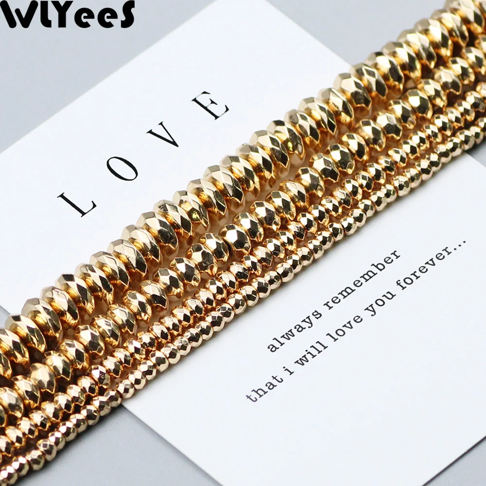 WLYeeS 14 Gold plated Hematite beads 4 6 8 10mm charm natural stone Flat round spacer Loose bead for jewelry making Bracelet DIY