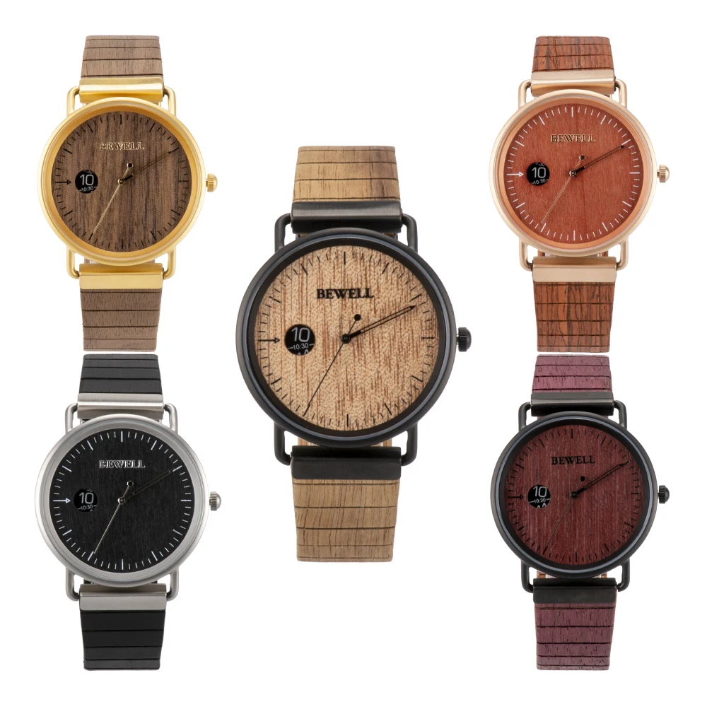 Bewell – montre à Quartz pour hommes et femmes, bracelet en cuir et bois, à la mode