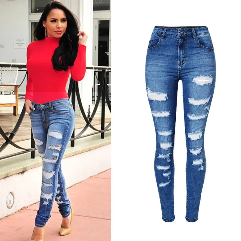 

BringBring 2017 Spring High Waist Jeans For Women Ripped Slim Denim Pants Women Hole Jean Elasticity Pencil Jeans Plus Size 1868