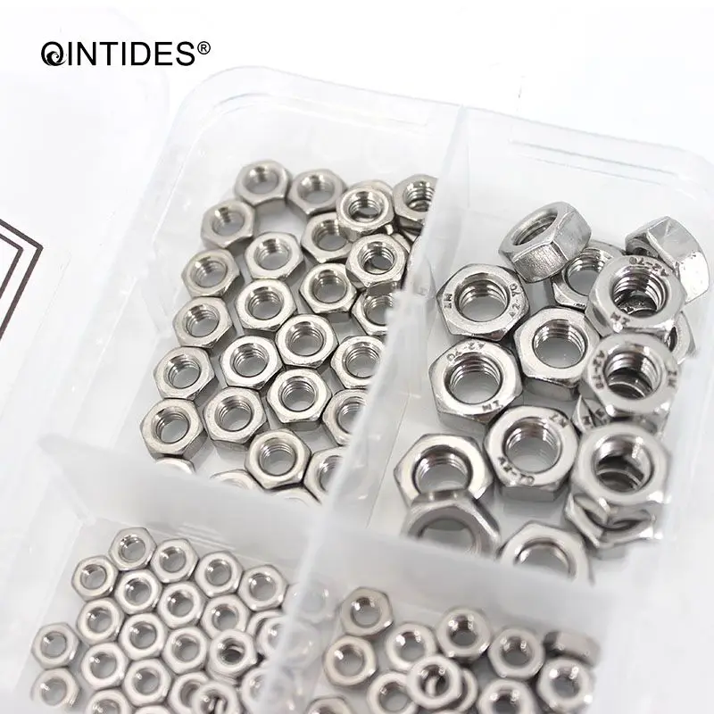 QINTIDES 200PCS/Set M1.6 M2 M2.5 M3 M4 M5 M6 hexagon nuts with metric screw threads 304 stainless steel hex nuts din934