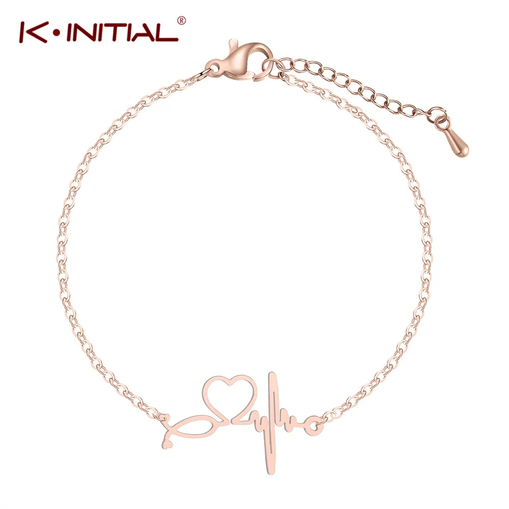 Kinitial Gold-color Stainless Steel Heart Bracelets Bangle Jewelry Chain Bracelet Heart Beat Charm Bracelets for woman Gift