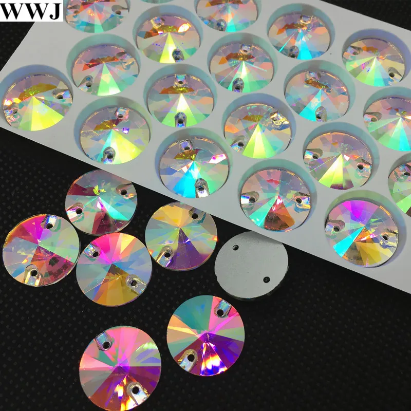 

Wholesale Crystal Clear AB Rivoli Sew On Stone Flatback 2holes 8,10,12,14,16,18mm Round Glass Sewing Crystal Beads Dress Making