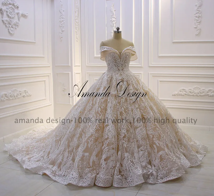 Amanda Design vestido de noiva princesa Off Shoulder Shiny Boat Neck Lace Champagne Wedding Dress