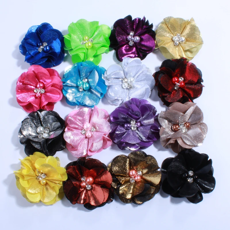 60PCS 5.5CM Hot Sale Fabric Flowers with Rhinestone Pearls For Headbands Metallic Fake Flower For Shoe Head Wear